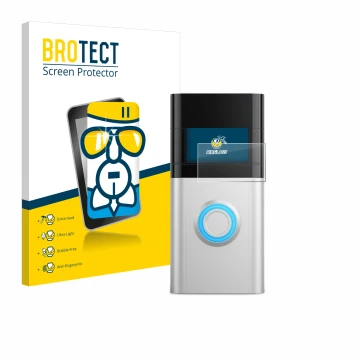 Parte frontal de un envase de producto con el logotipo de la marca BROTECT. Al lado se muestra el dispositivo Ring Video Doorb