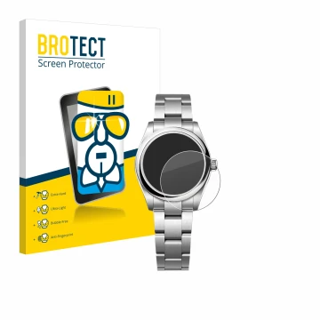 Parte frontal de un envase de producto con el logotipo de la marca BROTECT. Al lado se muestra el dispositivo Rolex Oyster Per