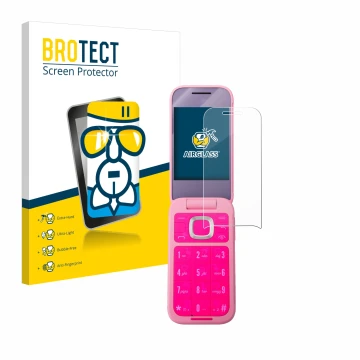 Parte frontal de un envase de producto con el logotipo de la marca BROTECT. Al lado se muestra el dispositivo HMD Barbie Phone