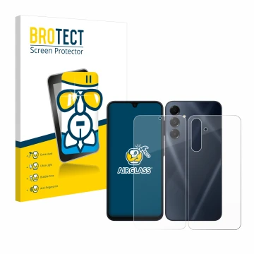 Parte frontal de un envase de producto con el logotipo de la marca BROTECT. Al lado se muestra el dispositivo Samsung Galaxy A