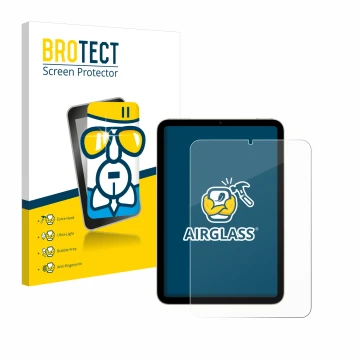 Parte frontal de un envase de producto con el logotipo de la marca BROTECT. Al lado se muestra el dispositivo Apple iPad Mini 