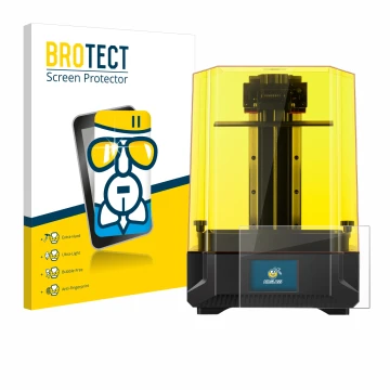 Parte frontal de un envase de producto con el logotipo de la marca BROTECT. Al lado se muestra el dispositivo Anycubic Photon 