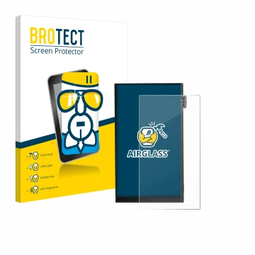 Parte frontal de un envase de producto con el logotipo de la marca BROTECT. Al lado se muestra el dispositivo iBasso DX180 con