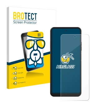 Parte frontal de un envase de producto con el logotipo de la marca BROTECT. Al lado se muestra el dispositivo Hotwav Note 12 c