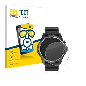 Parte frontal de un envase de producto con el logotipo de la marca BROTECT. Al lado se muestra el dispositivo Mobvoi Ticwatch 
