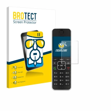 Parte frontal de un envase de producto con el logotipo de la marca BROTECT. Al lado se muestra el dispositivo AVM Fritz!Fon C6