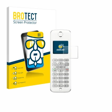 Parte frontal de un envase de producto con el logotipo de la marca BROTECT. Al lado se muestra el dispositivo AVM Fritz!Fon M2