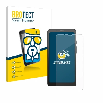 Parte frontal de un envase de producto con el logotipo de la marca BROTECT. Al lado se muestra el dispositivo Boox Palma 2 con