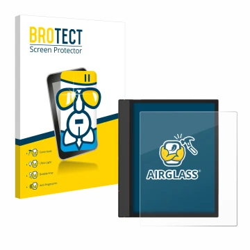 Parte frontal de un envase de producto con el logotipo de la marca BROTECT. Al lado se muestra el dispositivo Boox Note Air 4 