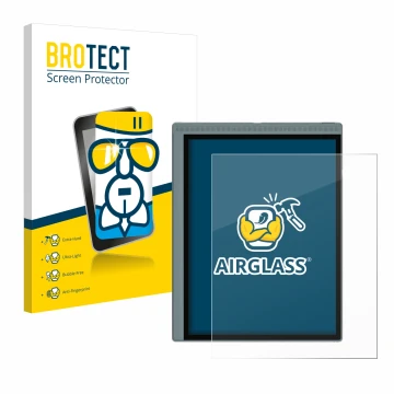 Parte frontal de un envase de producto con el logotipo de la marca BROTECT. Al lado se muestra el dispositivo Bigme B1051C con