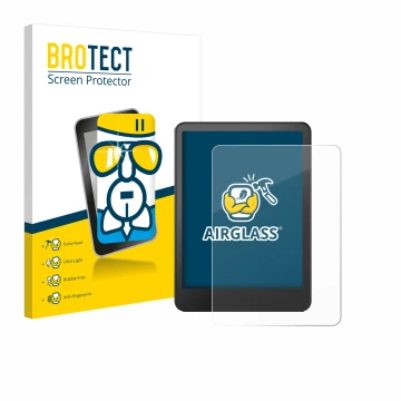 Parte frontal de un envase de producto con el logotipo de la marca BROTECT. Al lado se muestra el dispositivo Amazon Kindle Co