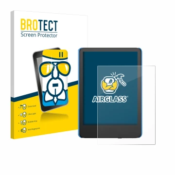 Parte frontal de un envase de producto con el logotipo de la marca BROTECT. Al lado se muestra el dispositivo Amazon Kindle Ki