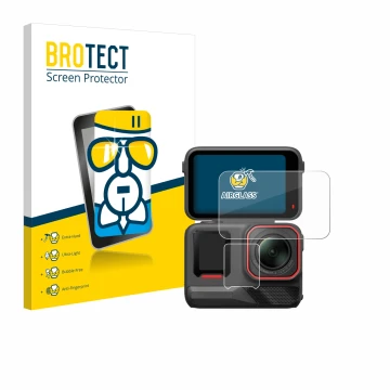 Parte frontal de un envase de producto con el logotipo de la marca BROTECT. Al lado se muestra el dispositivo Insta360 Ace Pro