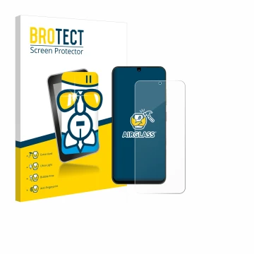 Parte frontal de un envase de producto con el logotipo de la marca BROTECT. Al lado se muestra el dispositivo ZTE Blade A35 co