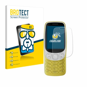 Parte frontal de un envase de producto con el logotipo de la marca BROTECT. Al lado se muestra el dispositivo Nokia 3210 con s