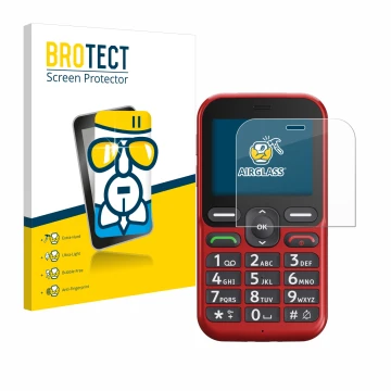 Parte frontal de un envase de producto con el logotipo de la marca BROTECT. Al lado se muestra el dispositivo Doro Leva L10 co