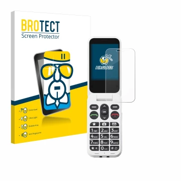 Parte frontal de un envase de producto con el logotipo de la marca BROTECT. Al lado se muestra el dispositivo Doro Leva L30 co