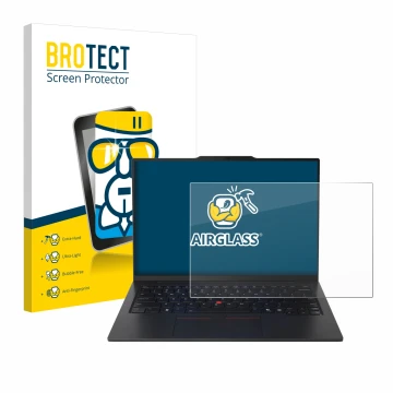 Parte frontal de un envase de producto con el logotipo de la marca BROTECT. Al lado se muestra el dispositivo Lenovo ThinkPad 