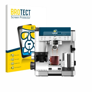 Parte frontal de un envase de producto con el logotipo de la marca BROTECT. Al lado se muestra el dispositivo Ninja Luxe Cafe 
