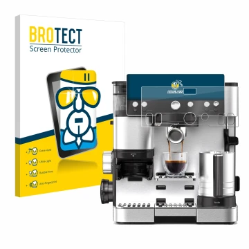Parte frontal de un envase de producto con el logotipo de la marca BROTECT. Al lado se muestra el dispositivo Ninja Luxe Cafe 