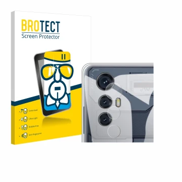 Parte frontal de un envase de producto con el logotipo de la marca BROTECT. Al lado se muestra el dispositivo Cubot Max 5 (SÓL