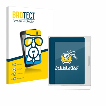 Parte frontal de un envase de producto con el logotipo de la marca BROTECT. Al lado se muestra el dispositivo Boox Go Color 7 