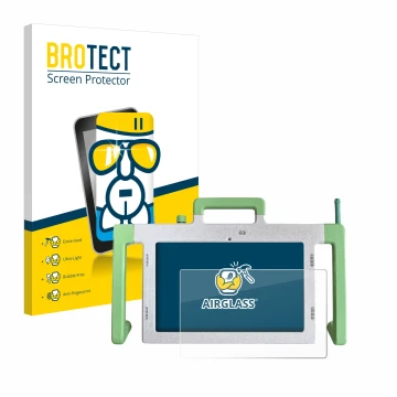 Parte frontal de un envase de producto con el logotipo de la marca BROTECT. Al lado se muestra el dispositivo Telemarie Tablet