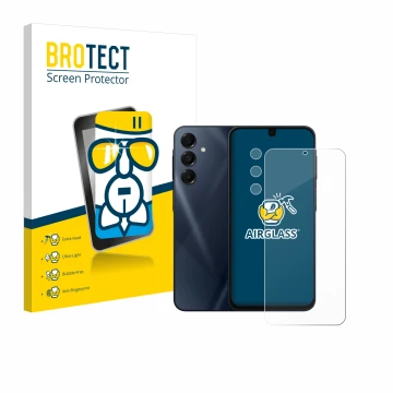 Parte frontal de un envase de producto con el logotipo de la marca BROTECT. Al lado se muestra el dispositivo Samsung Galaxy A