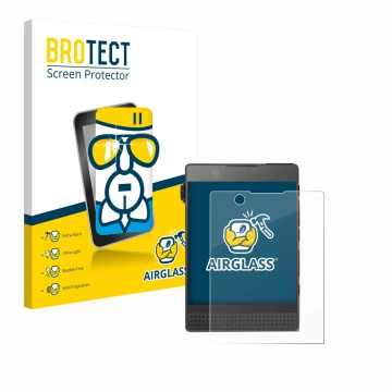Parte frontal de un envase de producto con el logotipo de la marca BROTECT. Al lado se muestra el dispositivo Light Phone 3 co