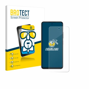 Parte frontal de un envase de producto con el logotipo de la marca BROTECT. Al lado se muestra el dispositivo ZTE Blade A75 4G
