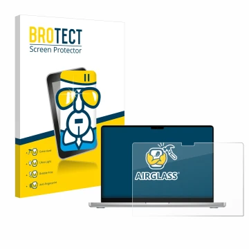 Parte frontal de un envase de producto con el logotipo de la marca BROTECT. Al lado se muestra el dispositivo Apple MacBook Pr