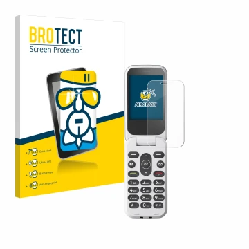 Parte frontal de un envase de producto con el logotipo de la marca BROTECT. Al lado se muestra el dispositivo Doro 2820 con su