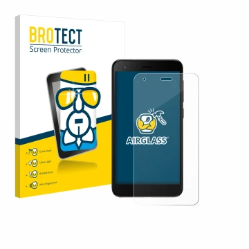 Parte frontal de un envase de producto con el logotipo de la marca BROTECT. Al lado se muestra el dispositivo ZTE Blade A35 li