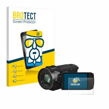 Parte frontal de un envase de producto con el logotipo de la marca BROTECT. Al lado se muestra el dispositivo Panasonic HC-VX3