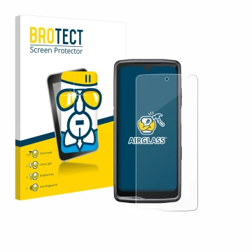 Parte frontal de un envase de producto con el logotipo de la marca BROTECT. Al lado se muestra el dispositivo Crosscall Stella