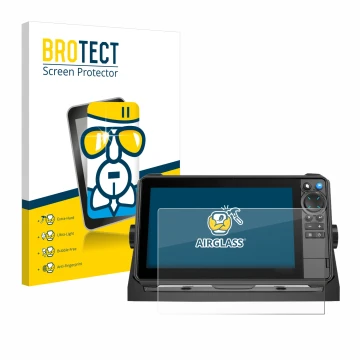 Parte frontal de un envase de producto con el logotipo de la marca BROTECT. Al lado se muestra el dispositivo Lowrance HDS-9 P