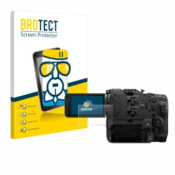 Parte frontal de un envase de producto con el logotipo de la marca BROTECT. Al lado se muestra el dispositivo Canon EOS C400 c