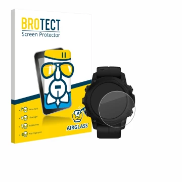 Parte frontal de un envase de producto con el logotipo de la marca BROTECT. Al lado se muestra el dispositivo Garmin Descent G