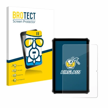 Parte frontal de un envase de producto con el logotipo de la marca BROTECT. Al lado se muestra el dispositivo Oukitel RT9 con 