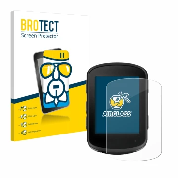 Parte frontal de un envase de producto con el logotipo de la marca BROTECT. Al lado se muestra el dispositivo Garmin Edge 840 