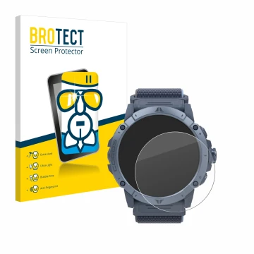 Parte frontal de un envase de producto con el logotipo de la marca BROTECT. Al lado se muestra el dispositivo Coros Vertix 2S 