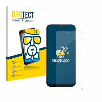 Parte frontal de un envase de producto con el logotipo de la marca BROTECT. Al lado se muestra el dispositivo Volla Phone 22 c