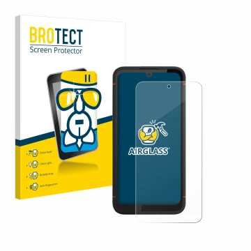 Parte frontal de un envase de producto con el logotipo de la marca BROTECT. Al lado se muestra el dispositivo Volla Phone X23 