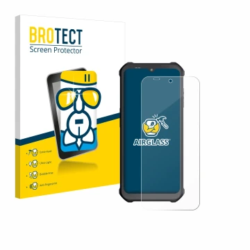 Parte frontal de un envase de producto con el logotipo de la marca BROTECT. Al lado se muestra el dispositivo Sonim XP400 con 