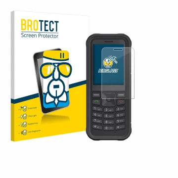 Parte frontal de un envase de producto con el logotipo de la marca BROTECT. Al lado se muestra el dispositivo Sonim XP100 con 