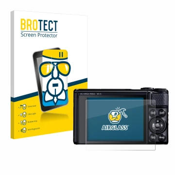 Parte frontal de un envase de producto con el logotipo de la marca BROTECT. Al lado se muestra el dispositivo Canon PowerShot 