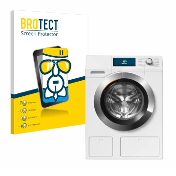 Parte frontal de un envase de producto con el logotipo de la marca BROTECT. Al lado se muestra el dispositivo Miele WEH875 con