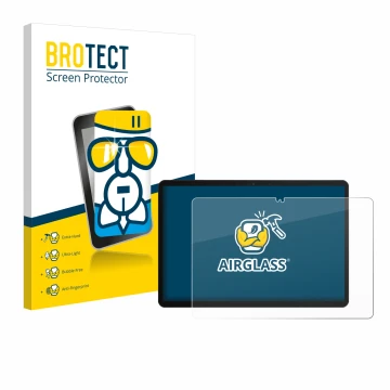 Parte frontal de un envase de producto con el logotipo de la marca BROTECT. Al lado se muestra el dispositivo Chuwi Hi10 X1 co