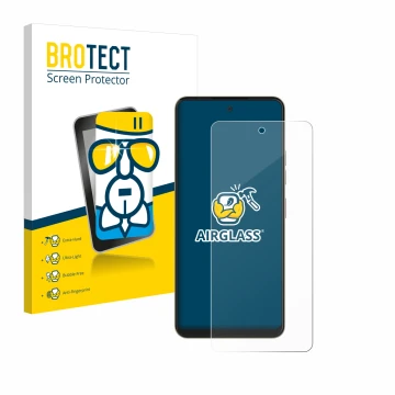 Parte frontal de un envase de producto con el logotipo de la marca BROTECT. Al lado se muestra el dispositivo Nubia Music Pop 