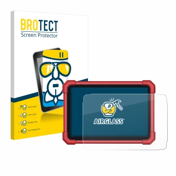 Parte frontal de un envase de producto con el logotipo de la marca BROTECT. Al lado se muestra el dispositivo Launch X-431 Eur